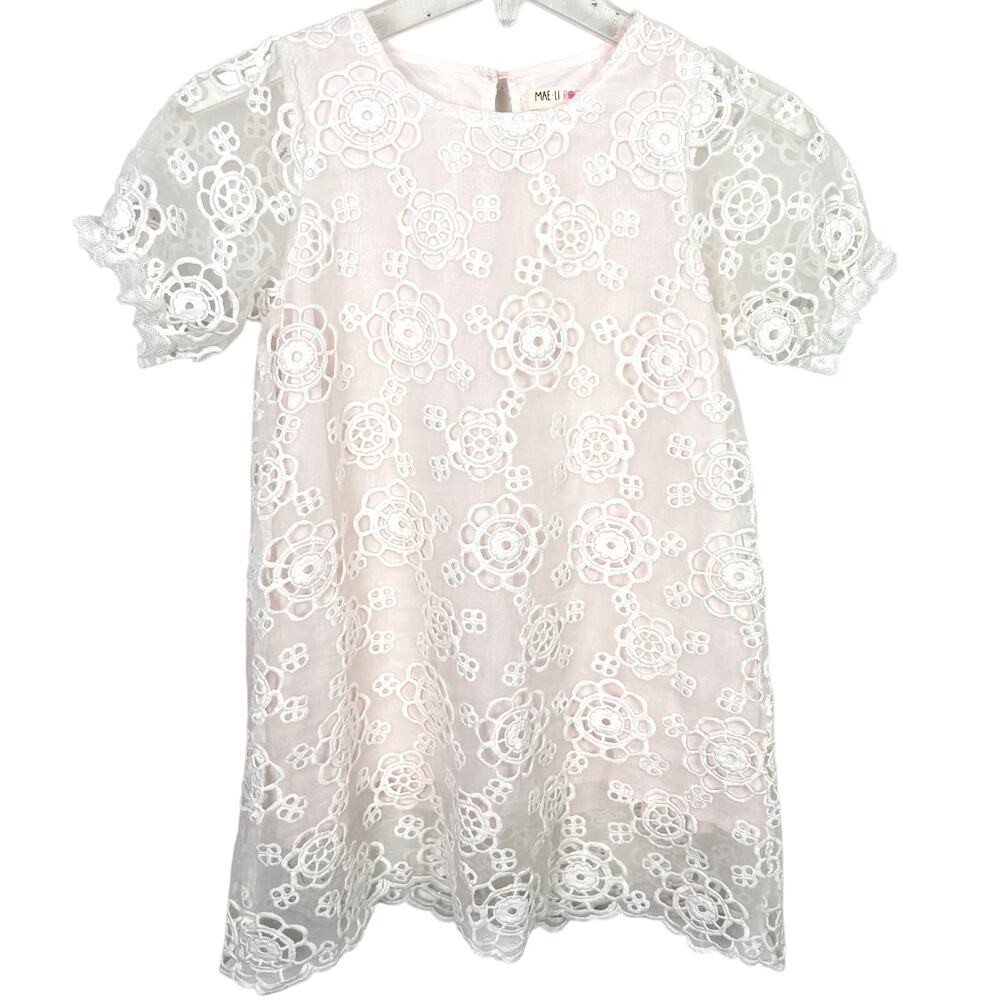 Mae-Li Girls Flower Lace Illusion Dress Short Puff Sleeve Pink Lining Size 7